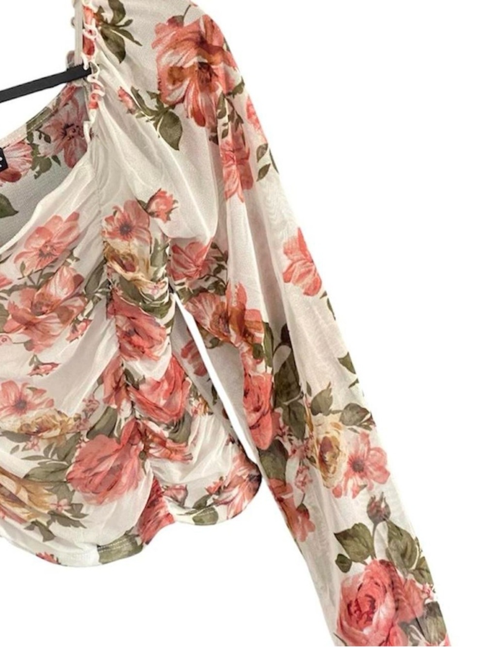 Floral Mesh Ruched Crop Top M Sheer Long Sleeve Y2K Coquette Fairycore Romantic - Picture 6 of 8